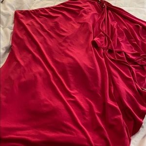 One shoulder, hot pink dress.